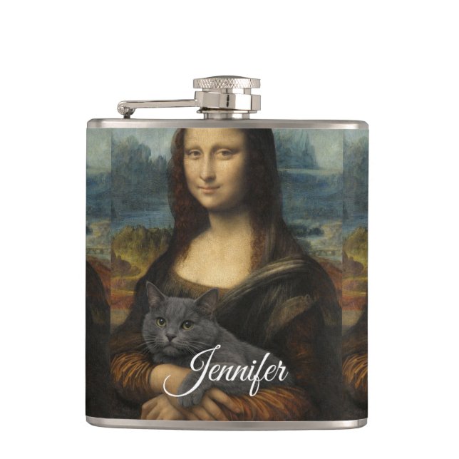 Mona Lisa Holding Elegant Gray Cat                 Flask (Front)