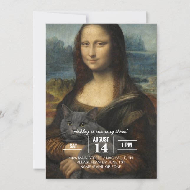 Mona Lisa Holding Elegant Gray Cat                 Invitation (Front)