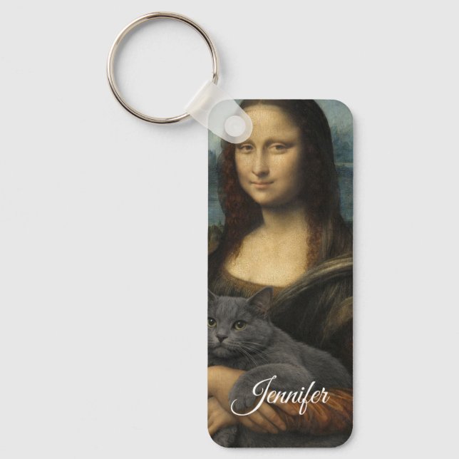Mona Lisa Holding Elegant Gray Cat                 Keychain (Front)