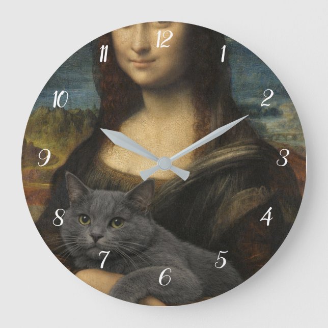 Mona Lisa Holding Elegant Gray Cat                 Large Clock (Front)