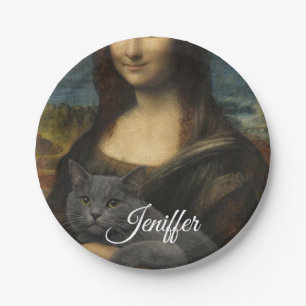 Mona Lisa Holding Elegant Gray Cat Paper Plates