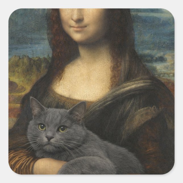 Mona Lisa Holding Elegant Gray Cat                 Square Sticker (Front)