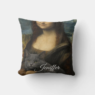 Mona Lisa Holding Elegant Gray Cat                 Throw Pillow