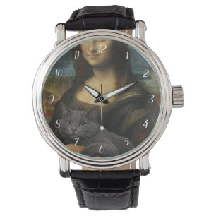 Mona Lisa Holding Elegant Gray Cat Watch