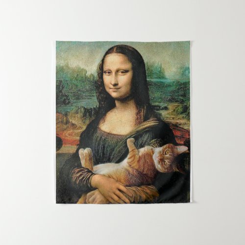 Mona Lisa holding her cat art Leonardo da Vinci Tapestry