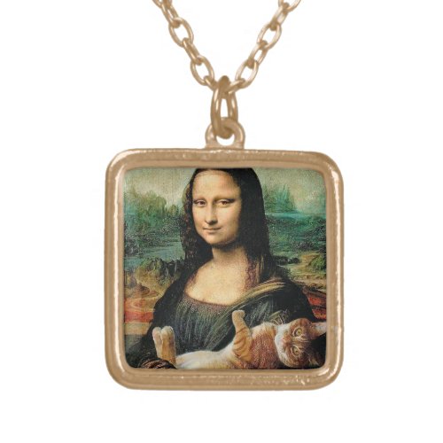 Mona Lisa holding her cat Leonardo da Vinci Gold Plated Necklace
