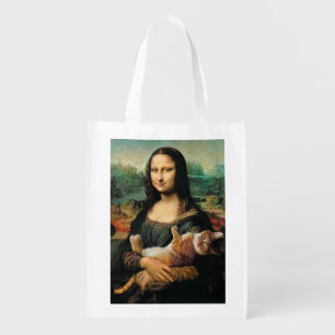Mona Lisa holding her cat pet Cat lovers Grocery Bag