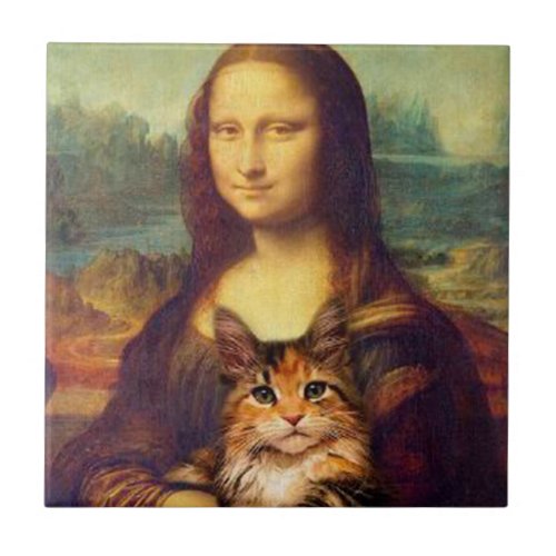 Mona Lisa holding her cat pet Leonardo da Vinci Ceramic Tile