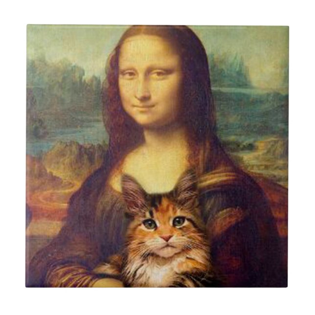 Mona Lisa holding her cat pet Leonardo da Vinci Ceramic Tile (Front)