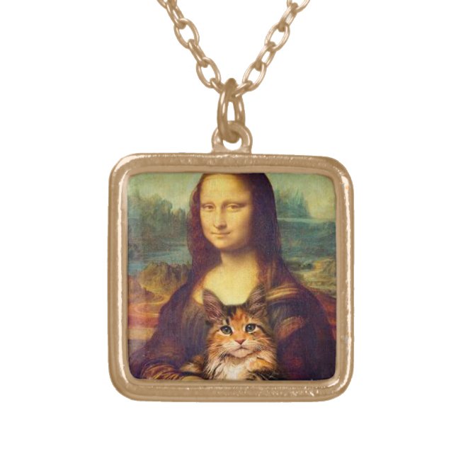 Mona Lisa holding her cat pet Leonardo da Vinci Gold Plated Necklace (Front)