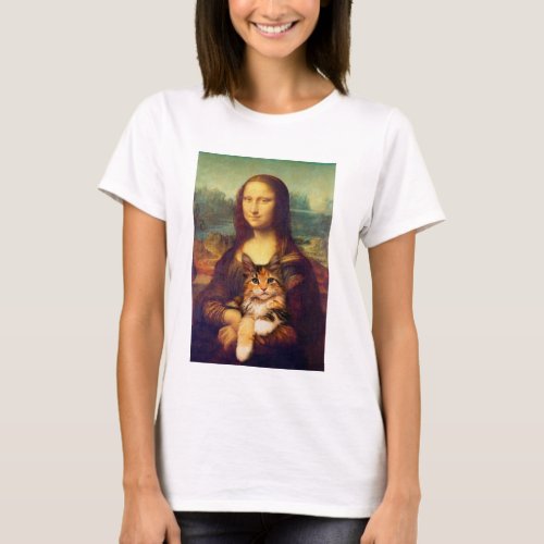 Mona Lisa holding her cat pet Leonardo da Vinci T_Shirt