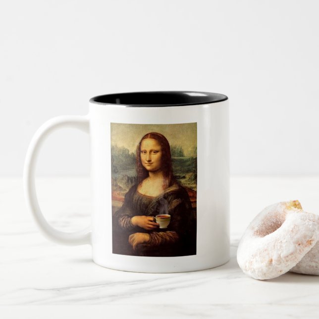 Mona Lisa holding hot tea (Leonardo da Vinci) Two-Tone Coffee Mug (With Donut)