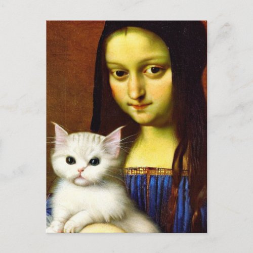 Mona Lisa holding Persian cat Postcard