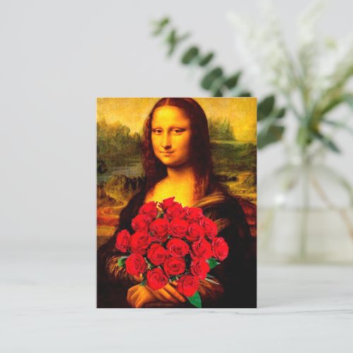 Mona Lisa holding red roses Leonardo Da Vinci  Postcard