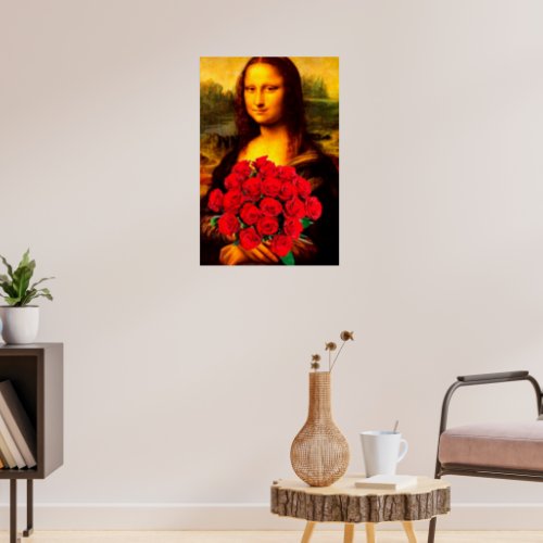 Mona Lisa holding red roses Leonardo Da Vinci  Poster
