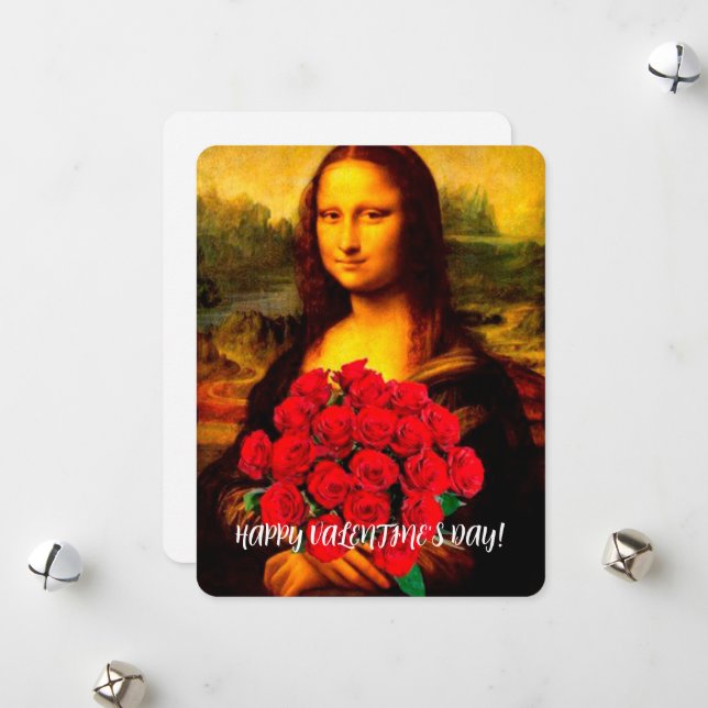 Mona Lisa holding red roses Valentine's Day Holiday Card (Front/Back In Situ)