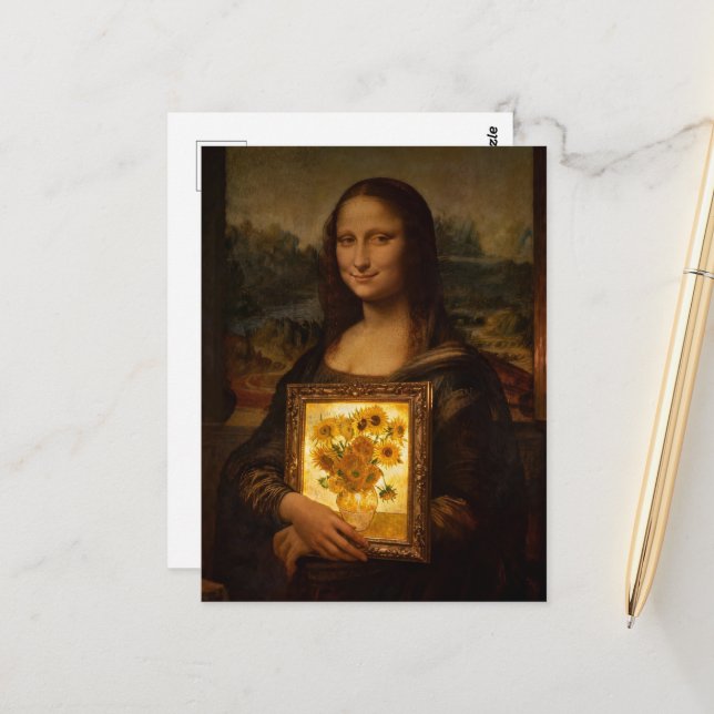 Mona Lisa Holds a Van Gogh Postcard (Front/Back In Situ)