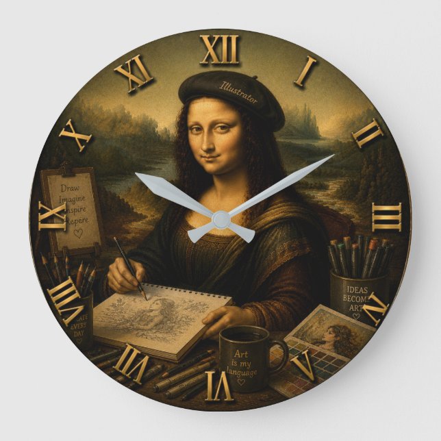 Mona Lisa Illustrator Funny Artist Studio  Large Clock (Front)