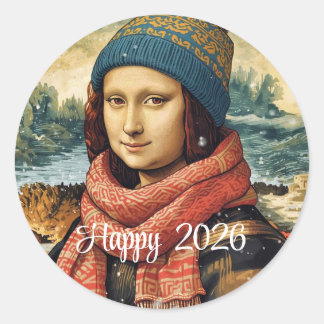 Mona Lisa in beanie - Happy 2026 Classic Round Sticker