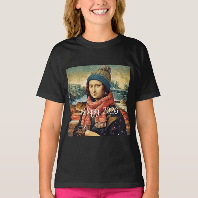 Mona Lisa  in beanie  - Happy 2026 T-Shirt (Front)