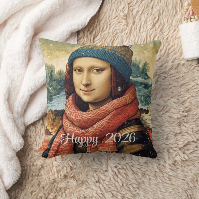 Mona Lisa  in beanie  - Happy 2026 Throw Pillow (Blanket)