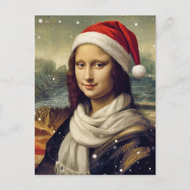Mona Lisa  in Santa  hat - festive vibes Holiday Postcard (Front)