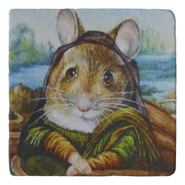 Mona Lisa Mouse Parody Watercolor Art Ceramic Tile Trivet (Front)