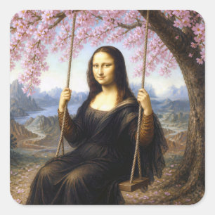 Mona Lisa on a Swing in Cherry Blossoms Square Sticker