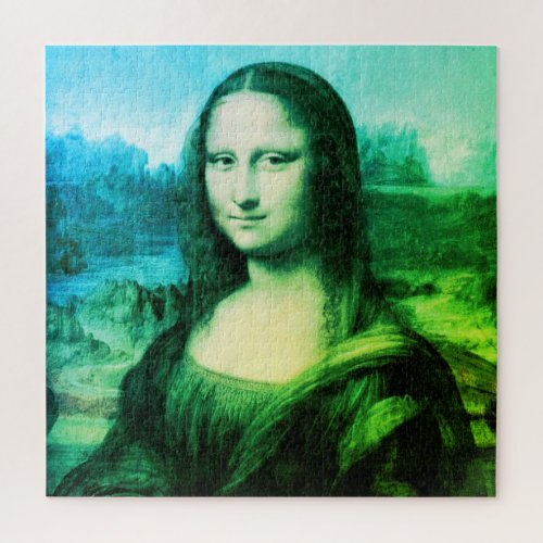 Mona Lisa Portrait  Green Blue Jigsaw Puzzle