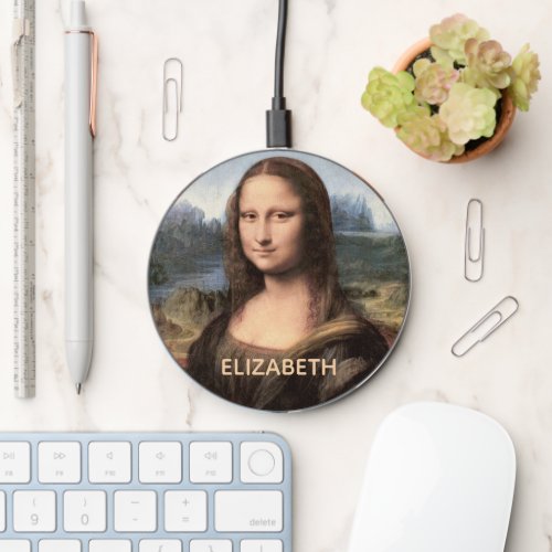 Mona Lisa Portrait Painting Add Name Wireless Charger
