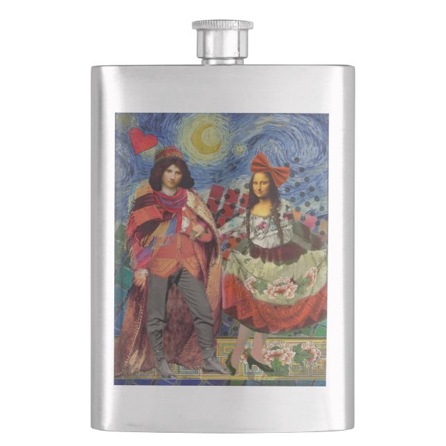 Mona Lisa Romantic Funny Colorful Artwork Hip Flask (Front)