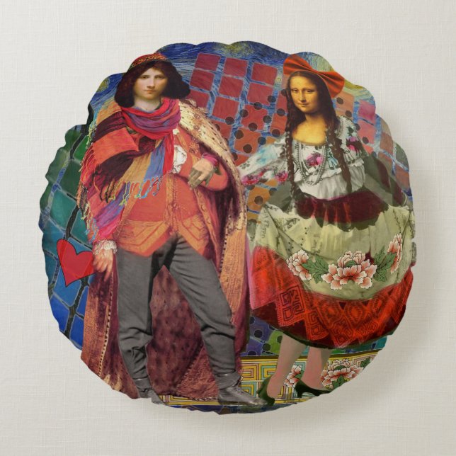 Mona Lisa Romantic Funny Colorful Artwork Round Pillow (Front)