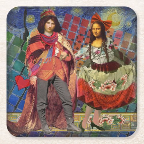 Mona Lisa Romantic Funny Colorful Artwork Square Paper Coaster