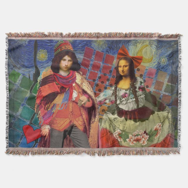 Mona Lisa Romantic Funny Colorful Artwork Throw Blanket (Front)