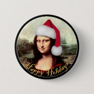 Mona Lisa Santa Hat Christmas Button