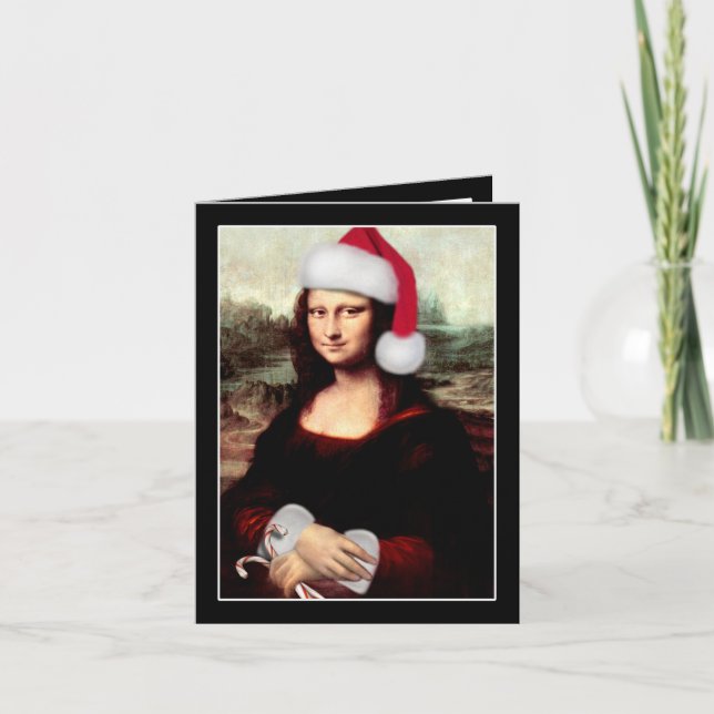 Mona Lisa Santa Hat Christmas Holiday Card (Front)