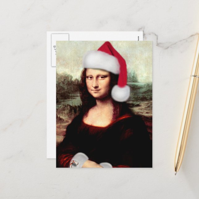 Mona Lisa Santa Hat Christmas Holiday Postcard (Front/Back In Situ)
