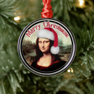 Mona Lisa Santa Hat Christmas Metal Ornament