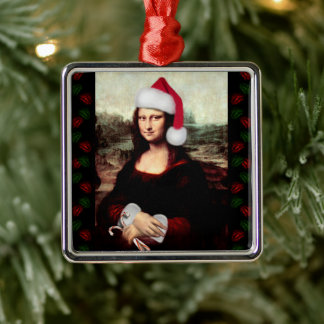 Mona Lisa Santa Hat Christmas Metal Ornament