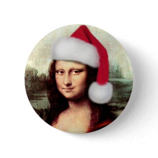 Mona Lisa Santa Hat Christmas Pinback Button