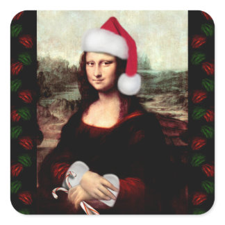 Mona Lisa Santa Hat Christmas Square Sticker