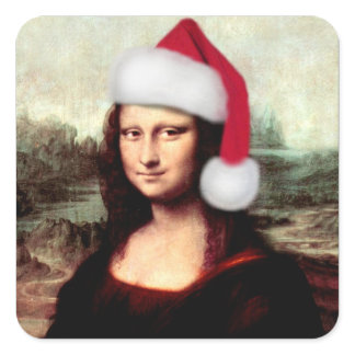 Mona Lisa Santa Hat Christmas Square Sticker