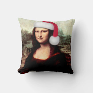 Mona Lisa Santa Hat Christmas Throw Pillow