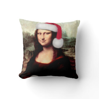 Mona Lisa Santa Hat Christmas Throw Pillow