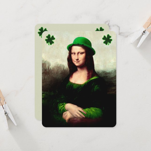 Mona Lisa St. Patrick's Day Clover Invitation (Front/Back In Situ)