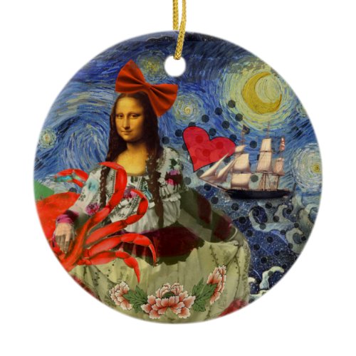 Mona Lisa Starry Night Collage: Whimsical Surreal  Ceramic Ornament