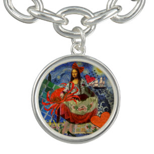 Mona Lisa Starry Night Collage: Whimsical Surreal Charm Bracelet