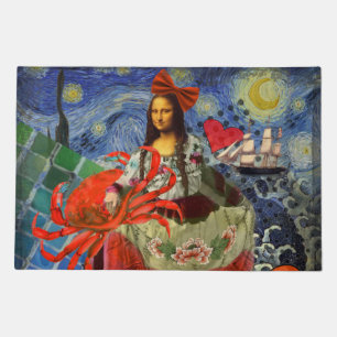 Mona Lisa Starry Night Collage: Whimsical Surreal Doormat