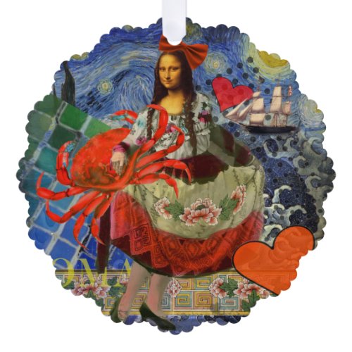 Mona Lisa Starry Night Collage: Whimsical Surreal  Ornament Card
