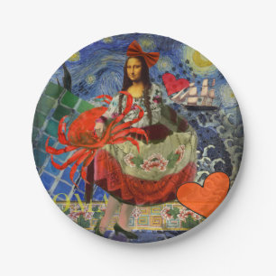 Mona Lisa Starry Night Collage: Whimsical Surreal Paper Plates